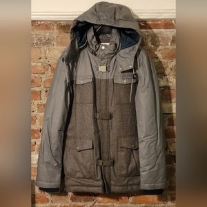 ELEVEN PARIS GREY WOOL WAX COTTON SLEEVE ZIP OFF HOOD DUFFEL FIREMAN'S COAT Sz L